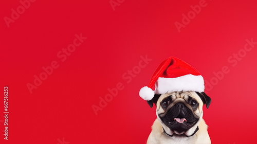 Cute dog in a Christmas hat on a red background with empty space for text © Fxquadro