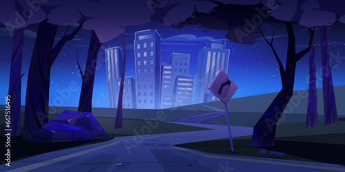 Winding road to city in night. Cartoon vector twilight landscape of empty asphalt highway with sign, woods and grass from countryside to high-rise buildings in town under starry sky and moonlight.