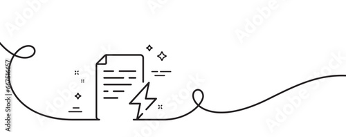 Power certificate line icon. Continuous one line with curl. Electric energy document sign. Charge manual symbol. Power certificate single outline ribbon. Loop curve pattern. Vector