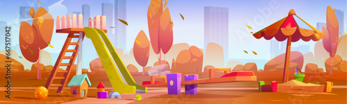 Autumn children playground in park vector background. Sunny fall kindergarten outdoor equipment for playtime with sandbox, ball, seesaw, swing and slide. Outside preschool yard with falling leaves