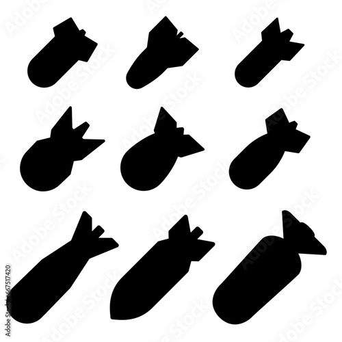 Aerial bomb icon set. Aerial strike graphic resources for icon, symbol, or sign. Vector icon of aerial strike for design of war, conflict or military
