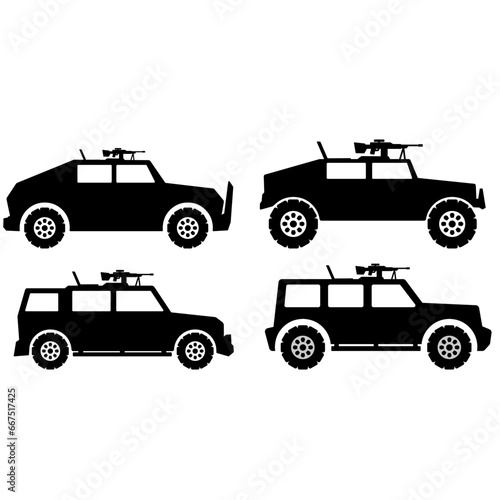 Military vehicle icon set. Light utility vehicle silhouette for icon, symbol or sign. Armored vehicle symbol for military, war, conflict and defense