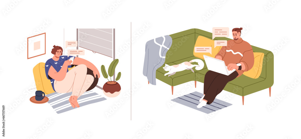 Online communication, internet correspondence, conversation concept. People with phone and laptop, texting in virtual chat, messaging. Flat graphic vector illustration isolated on white background