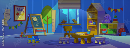 Kindergarten classroom at night cartoon interior. Preschool room for kid with toy, table and chair. Painting activity, recreation and education indoor furniture and moonlight from window concept.