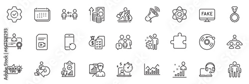 Icons pack as Delegate work, Presentation board and Stats line icons for app include Group, Infochart, Megaphone outline thin icon web set. Certificate, Execute, Inflation pictogram. Vector