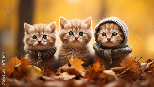 a group of cute kittens in an autumn park, dressed in small clothes, joke calendar greeting, autumn look © kichigin19