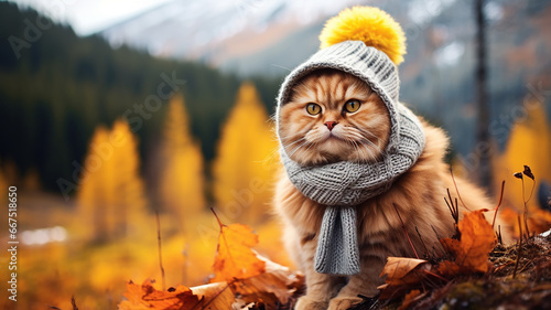 cat in autumn clothes in autumn park leaf fall, change autumn season calendar, joke