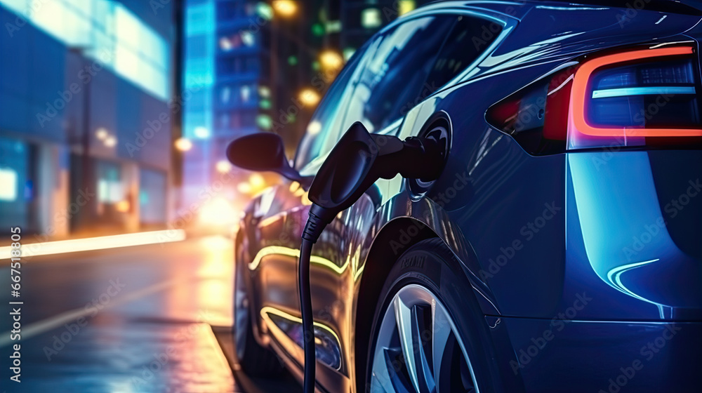 Modern fast electric vehicle chargers for charging car in park,