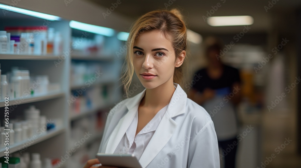 Portrait of young female pharmacist at hospital,female pharmacist is working