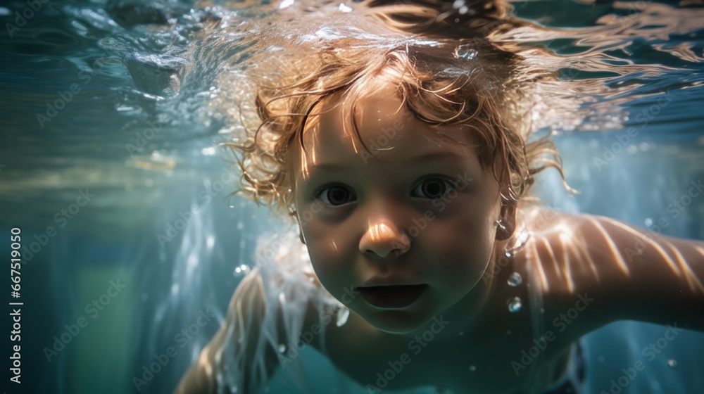 Little child swimming in the pool, child's face in the water	