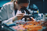 a woman scientist conducting a research in a state-of-the-art cosmetics laboratory in beauty industry and nanotechnology, using a macro lens to capture intricate details and a modern, clean aesthetic