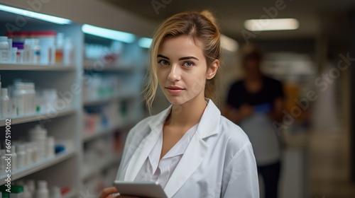 Portrait of young female pharmacist at hospital,female pharmacist is working