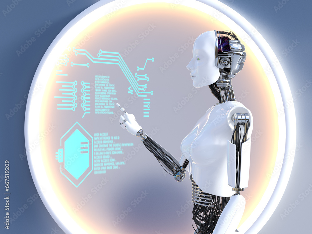 Naklejka premium 3D rendering of female robot using floating screen.