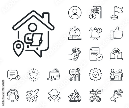 Freelance job sign. Salaryman, gender equality and alert bell outline icons. Work at home line icon. Remote office employee symbol. Work home line sign. Spy or profile placeholder icon. Vector