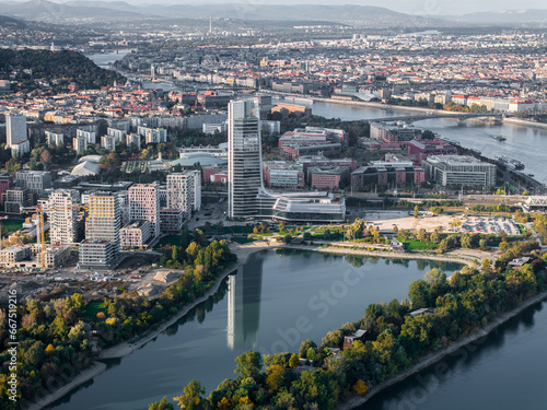 Kopaszi dam, Kopaszi-gát and the MOL Tower next to the Danube in Budapest Hungary