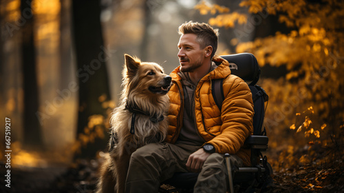 Middle-aged man on a wheelchair relaxing with his assistance dog outside 