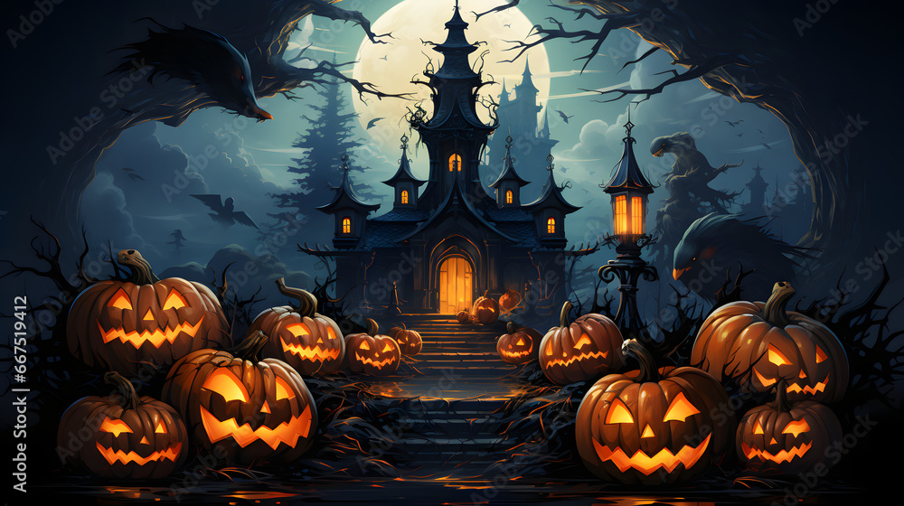 Halloween spooky pumpkins horror scene. Halloween spooky pumpkins horror scene.