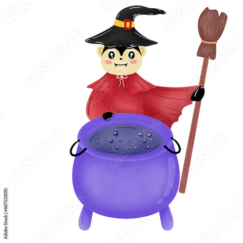 Male cartoon wizard wearing a black hat and red shirt stands holding a broom. Living with a pot of poison To welcome Halloween.