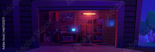 Garage interior inside at night cartoon background. House storage for repair tool, maintenance equipment and storeroom furniture dark indoor scene. Entrance to household parking with extinguisher