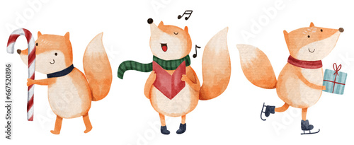 Fox with christmas costume . Watercolor paint cartoon characters . Isolated . Set 4 of 7 . Vector .