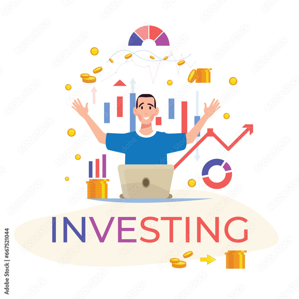 A man sits at a desk, using a laptop for online investing, with coins flying around him symbolizing financial success. A man sits at a desk, using a laptop for online investing, with coins flying around him symbolizing financial success.