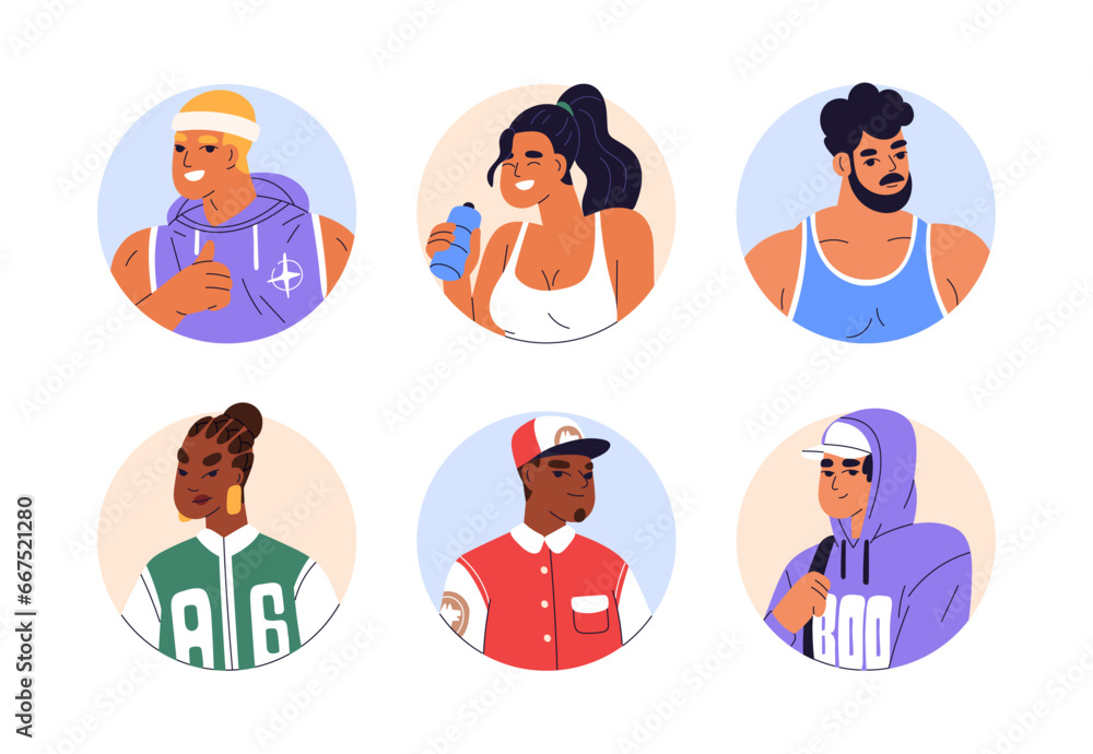 Men, women characters, circle avatars set. Happy young people, head portraits in sport style. Male and female athletes, trainers, user profiles. Flat vector illustrations isolated on white background Men, women characters, circle avatars set. Happy young people, head portraits in sport style. Male and female athletes, trainers, user profiles. Flat vector illustrations isolated on white background