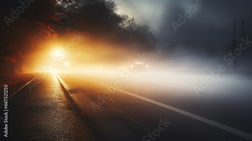 autumn fog on a wet night road in the headlights of a car  autumn dangerous driving weather  fog in the light of a car