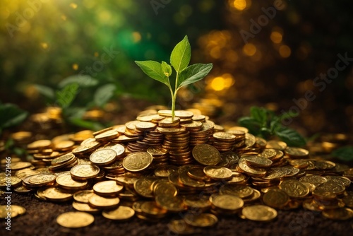 Investing to green business, Plant growing on coins stack for financial and banking concept.