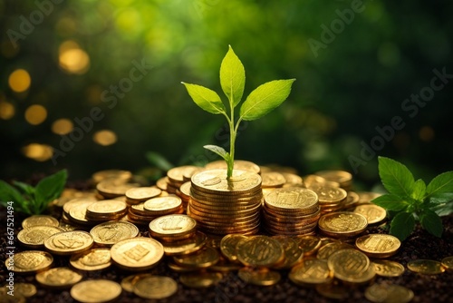 Investing to green business, Plant growing on coins stack for financial and banking concept.