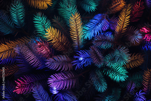 Abstract background of multicolored tropical palm leaves in neon light. 