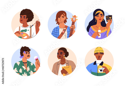 Creative characters, modern circle avatars set. Modern art people, face portr...