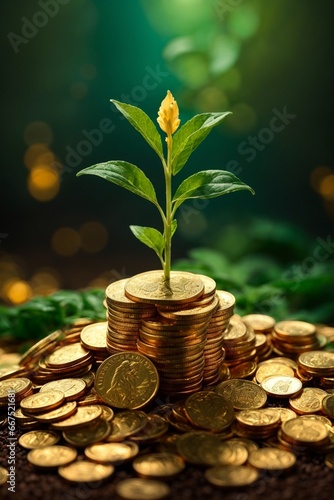 Investing to green business, Plant growing on coins stack for financial and banking concept.