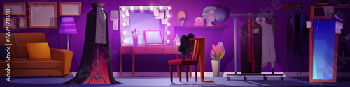 Theater dressing room with furniture and costume on mannequin. Vector cartoon illustration of night show backstage, makeup mirror with cosmetics on table, wigs, clothes on rack, sofa and floor lamp