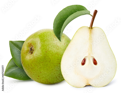 Ripe whole pear fruit with green leaf and half