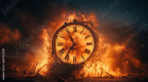 Big Clock Burnt on Fire, Surrealism Concept, Time Run Out Concept, Time Management 