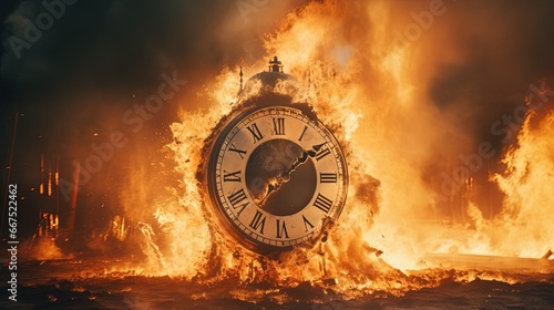 Big Clock Burnt on Fire, Surrealism Concept, Time Run Out Concept, Time Management 