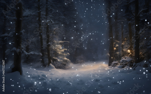 A winter forest at night with snow falling © julien.habis