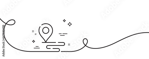 Place line icon. Continuous one line with curl. Map pin sign. Gps route marker symbol. Place single outline ribbon. Loop curve pattern. Vector
