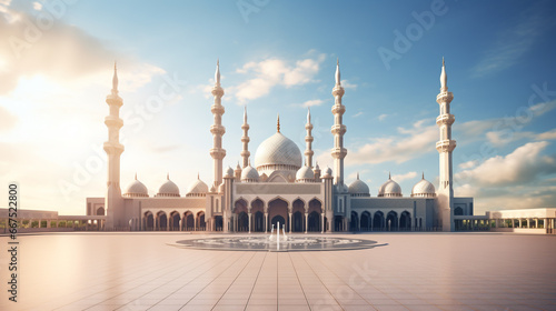 a large beautiful mosque standing alone on a square. no people 