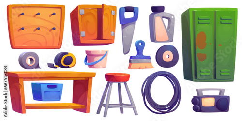 Garage interior elements set isolated on white background. Vector cartoon illustration of workshop equipment, wooden board for tools, desk, stool, saw, plastic container, brush and paint, metal locker