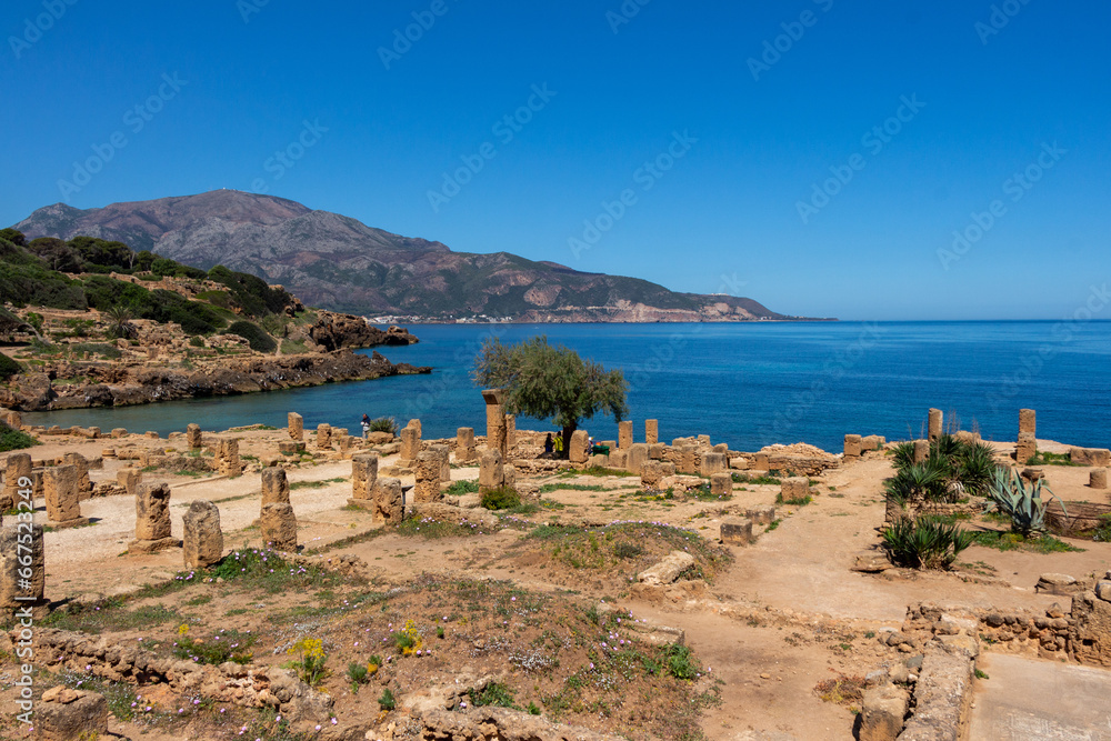 Ruins of the Roman Archeological Park of Tipaza ( Tipasa ), Algeria. Mount Chenoua and the Meditarranean sea in the background.