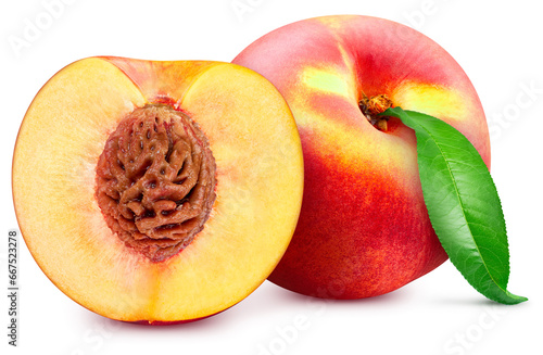 Peach fruit with mango leaf isolated