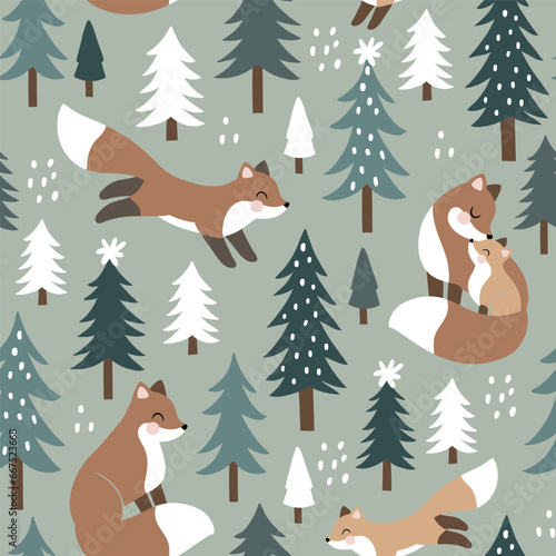 Seamless vector pattern with cute winter fox family, snowy landscape with pine trees and snowflakes. Hand drawn illustration artwork. Perfect for textile, wallpaper or print design.