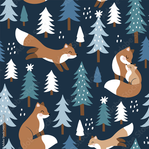 Seamless vector pattern with cute winter fox family, snowy landscape with pine trees and snowflakes. Hand drawn illustration artwork. Perfect for textile, wallpaper or print design.