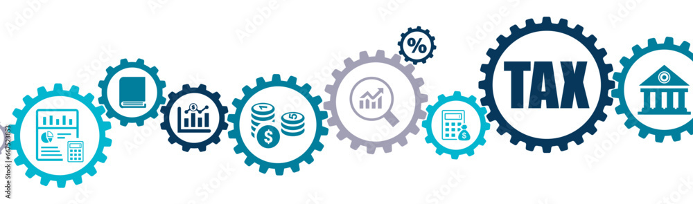 Tax deduction and calculation banner vector illustration with the icons of accounting, form, reporting, reduce taxation rate, planning, exemption strategy on white background - obrazy, fototapety, plakaty 