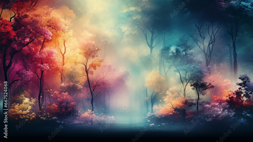 landscape in a fabulous forest, rainbow spectrum of colorful autumn trees in unusual neon lighting, fog background autumn fantasy landscape in a fabulous forest, rainbow spectrum of colorful autumn trees in unusual neon lighting, fog background autumn fantasy