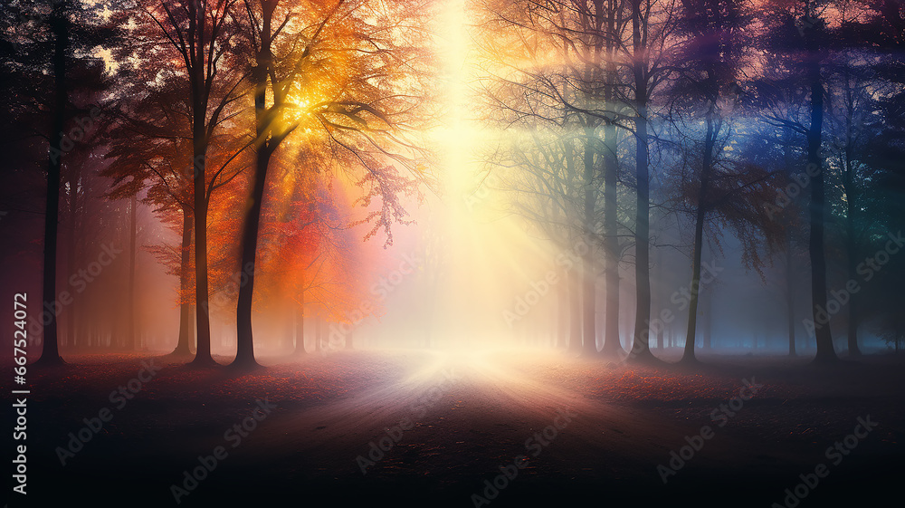 landscape in a fabulous forest, rainbow spectrum of colorful autumn trees in unusual neon lighting, fog background autumn fantasy