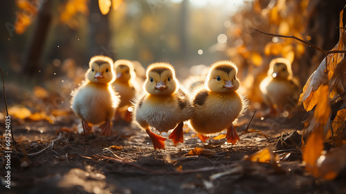 cute yellow ducklings in a group run towards the autumn yellow leaves in the fall of the sunny day of change