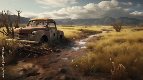 Old truck in a serene landscape.