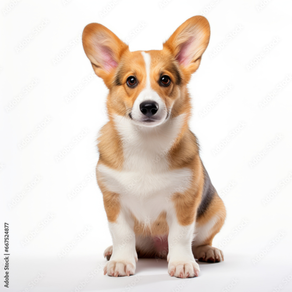 Obraz premium Cute puppy corgi pembroke. Welsh corgi breed dog sitting on a white background.
